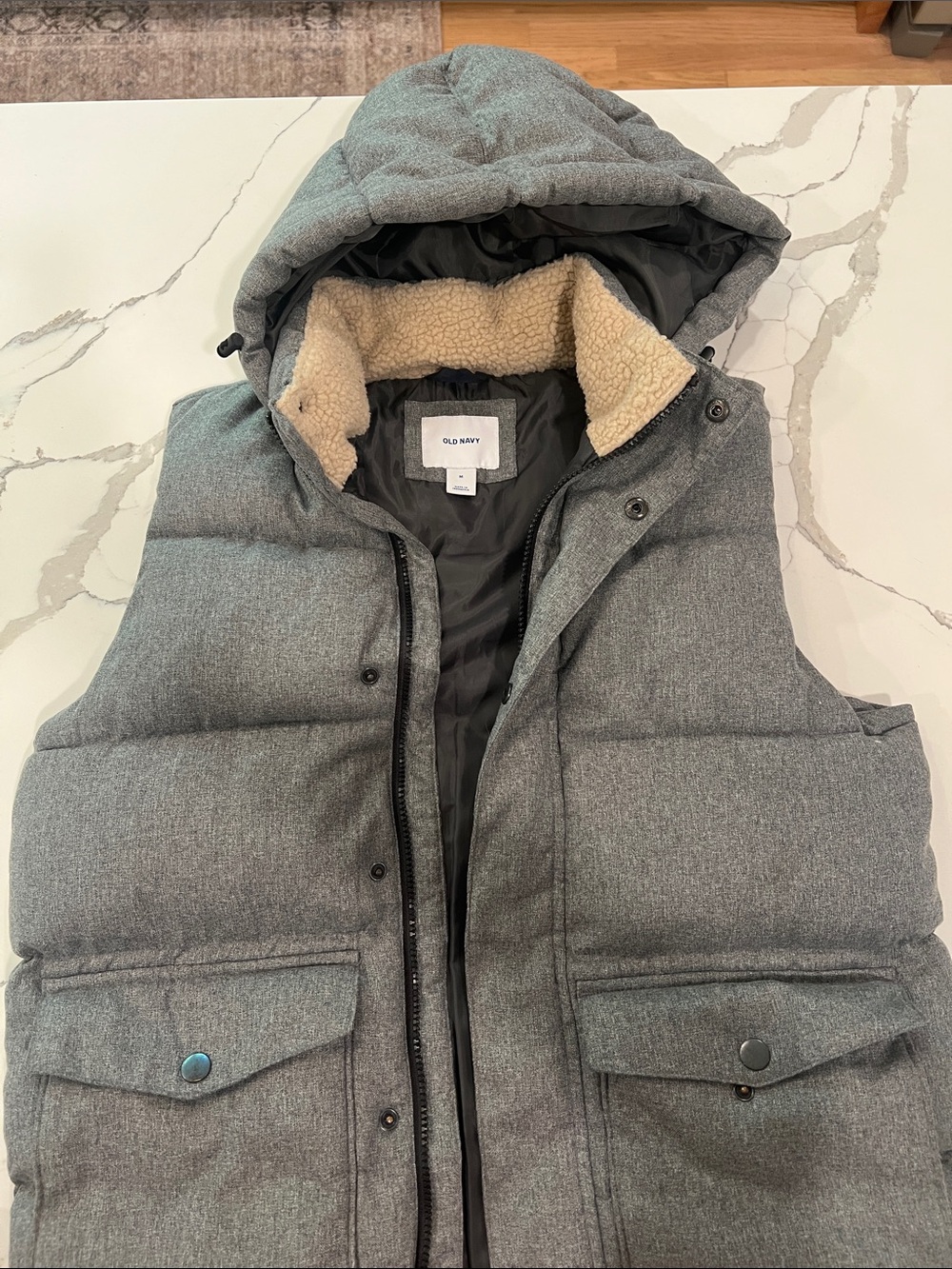 Old Navy Men's Gray Hooded Puffer Vest with Sherpa Collar